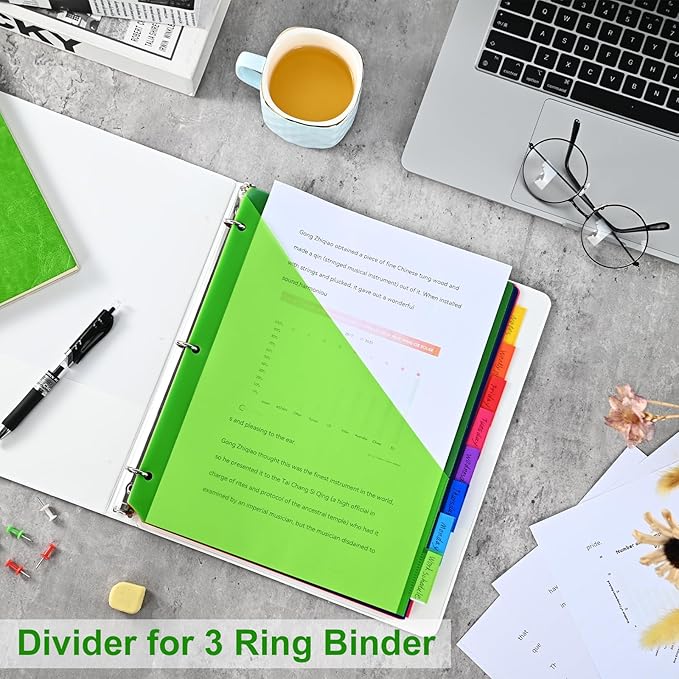 8-Tab Binder Dividers - Index Pockets Divider for 3 Ring Binders, 3-Hole Plastics Sheets Protectors for US Letter Size in 0.5'', 1'', 2'', 3 inch Binders, 8 Colors (XY004) (6 Packs)