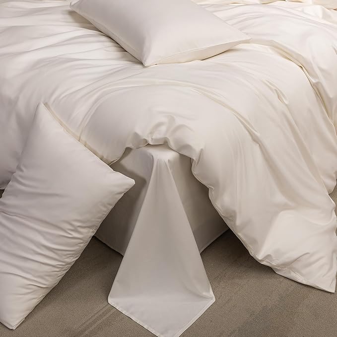 MooMee Duvet Cover Set 100% Extra Long Staple Cotton 600 Thread Count Silky Sateen Smooth Luxury Soft Breathable Durable Hotel Quality Bedding, 3 Pieces (Creamy White, King 104"x90")