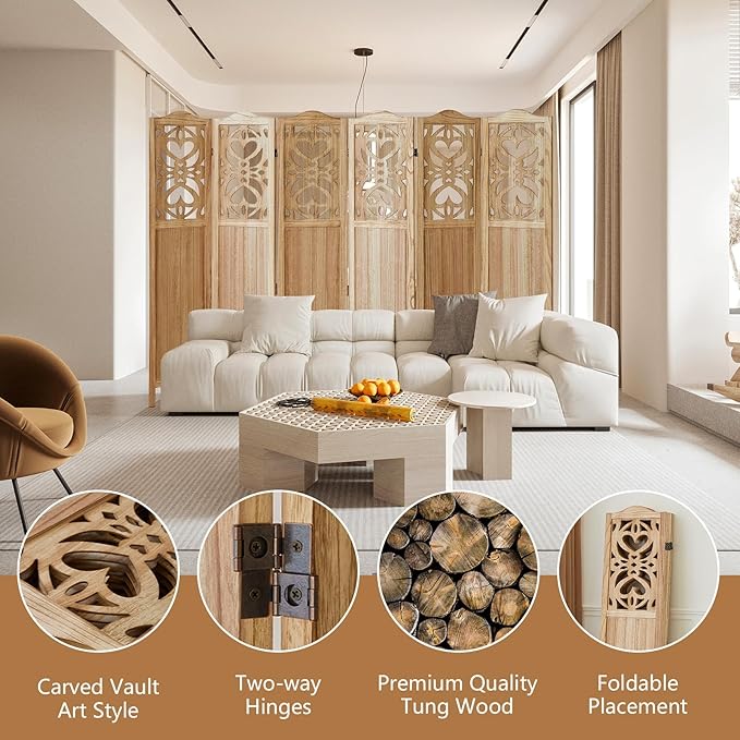 Wood Room Divider 6 Panel 5.6Ft Carved Room Divider and Folding Privacy Screen, Minimalism Portable Partition Screen Divider for Room Separation, Room Decoration for Home Office - Natural