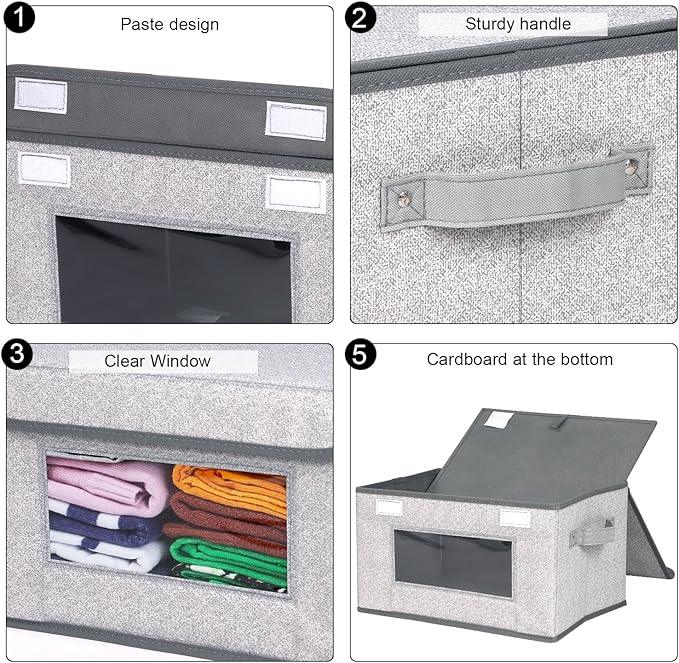 Univivi [4-Pack Fabric Storage Boxes Collapsible Storage Bins with Lids and Handles Cube Organizer Basket for Home, Closet, Bedroom (Gray, 14.4''x10''x8.3'')