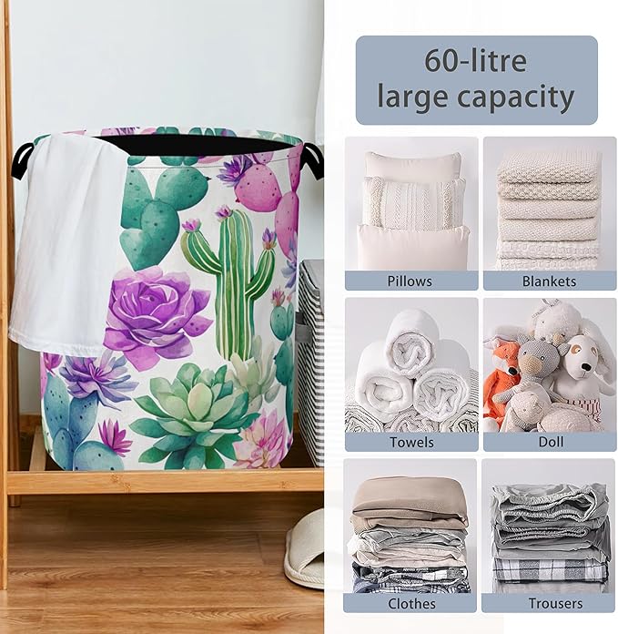 Cactus Succulents Laundry Basket,Foldable Oxford Cloth Tote Bag Laundry Hamper Clothes Storage Bucket Organizer for Bedroom Laundry Storage Dormitories 16" x 20.8"