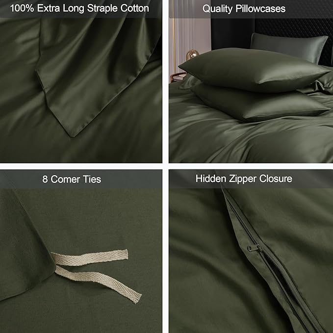 MooMee Duvet Cover Set 100% Extra Long Staple Cotton 600 Thread Count Silky Sateen Smooth Luxury Soft Breathable Durable Hotel Quality Bedding, 3 Pieces (Olive Green, King 104"x90")
