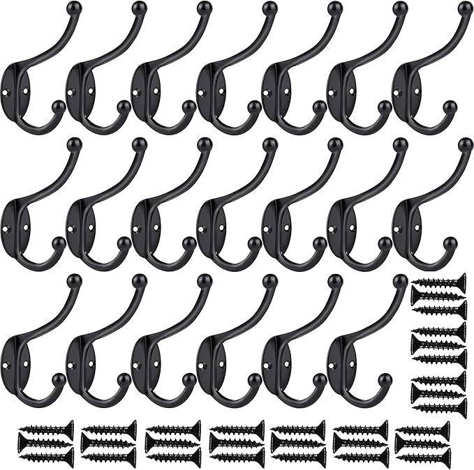 ZEYU 20Pcs Wall Hooks, Coat Hooks Hardware Heavy Duty Hooks for Hanging Coats Double No Rust Black Hook Wall Mounted with Screws for Key, Towel, Bags, Cup, Hat