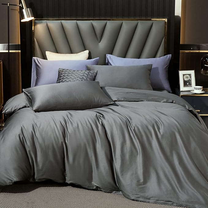 MooMee Duvet Cover Set 100% Extra Long Staple Cotton 600 Thread Count Silky Sateen Smooth Luxury Soft Breathable Durable Hotel Quality Bedding, 3 Pieces (Dark Gray, Full 80"x90")