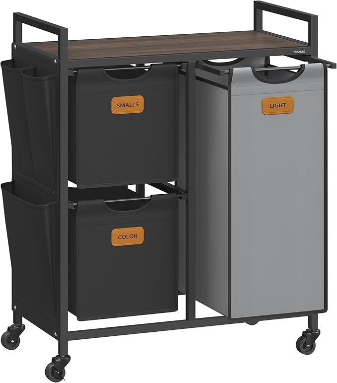 VASAGLE Laundry Hamper with 3 Compartments, 26.4 Gal. (100 L) Laundry Sorter, Rolling Laundry Cart with Shelves, Small Side Pockets, 6 Labels, Chestnut Brown, Ink Black and Dove Gray UBLH202B01