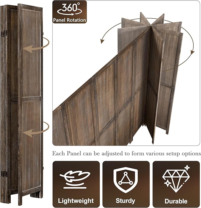 WelFurGeer 6 Panel Room Divider Screen - 360° Adjustable Folding Panels for Privacy, Bedroom, Living Room & Patio, Handcrafted Decorative Room Divider, Freestanding Divider for Room Separation (Brown)