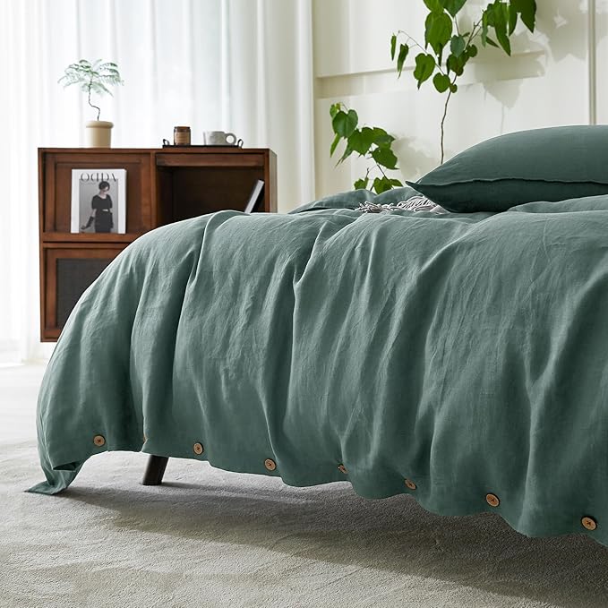 EVERLY 100% Pure Linen Duvet Cover Set California King Size 104X98Inch 3pcs (1 Duvet Cover,2 Pillowcases) Soft and Breathable for All Season with Coconut Button Closure,Suitable for Hot Sleepers-Aqua