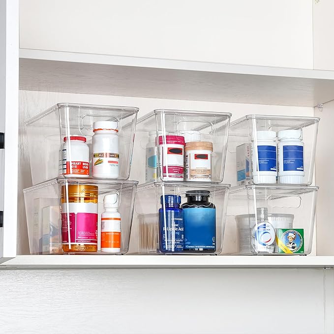 Vtopmart 6 Pack Clear Stackable Storage Bins with Lids, Medium Plastic Containers with Handle for Pantry Organizer and Storage,Perfect for Kitchen,Fridge,Cabinet, Closet,Bathroom Organization
