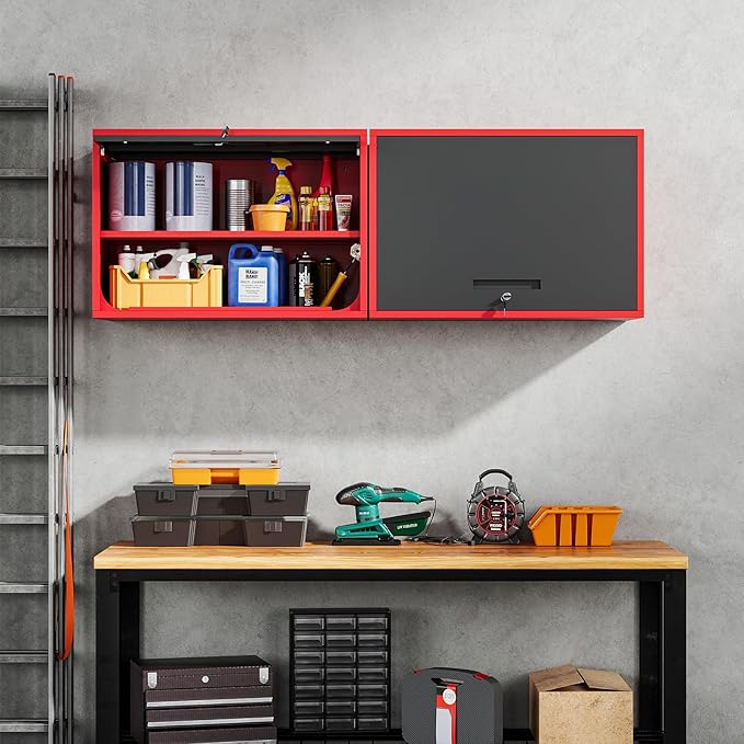 Yizosh Metal Garage Wall Cabinet with Doors and Shelves,Wall Mounted Metal Storage Cabinet, Floating Steel Tool Cabinet for Garage,Basement,Kitchen,Warehouse (Red Black,21.6" H)