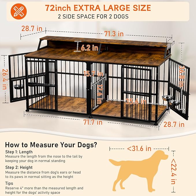 XXL Dog Crate Furniture for 2 Dogs, Extra Large Double Dog Cage Large Breed, Thick Wooden Dog Crate with Storage Rack, 72 Inch Double Dogs House Sturdy Dog Kennel with Removable Divider