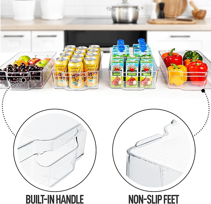 Zulay 4 Pack Clear Refrigerator Organizer Bins - XL Fridge Organizers and Storage Clear - Ideal Freezer Organizer Bins, Refrigerator Storage Containers, Kitchen Cabinets, Pantry Organization
