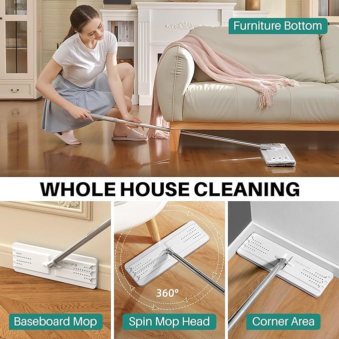 JOYMOOP White Flat Mop & Bucket with 1 Microfiber Pad, 12 Disposable Toilet Brushes, Stainless Steel Toilet Brush and Holder Set, Multi-Functional Cleaner for Floors, Windows, and Toilets