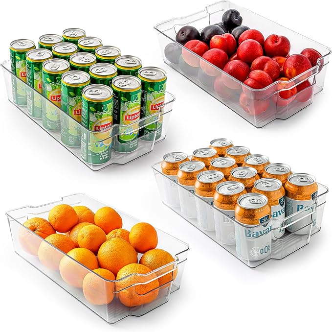 Zulay 4 Pack Clear Refrigerator Organizer Bins - XL Fridge Organizers and Storage Clear - Ideal Freezer Organizer Bins, Refrigerator Storage Containers, Kitchen Cabinets, Pantry Organization
