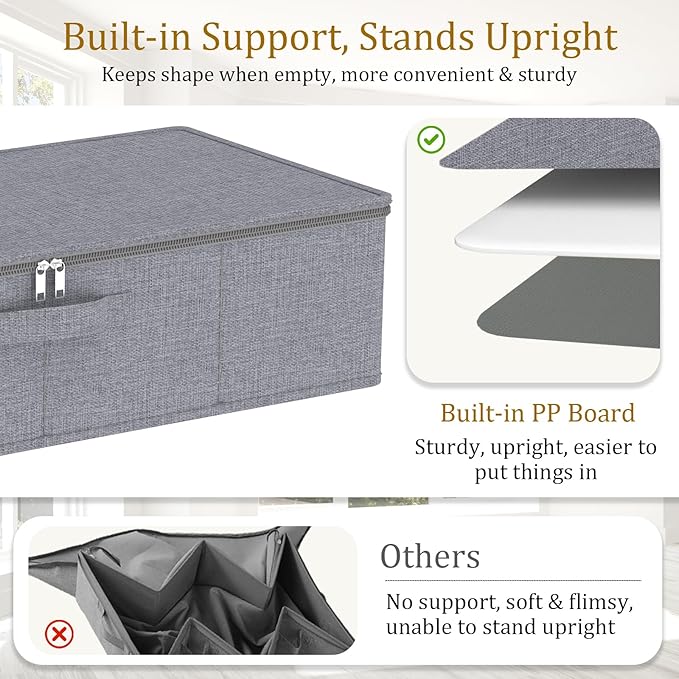 Yawinhe Foldable Underbed Storage Bags, Containers Bin with Lids, Large Under Bed Organizer Box, with Sturdy Zipper und Label Holders, for Clothing, 31.5''Lx15.7''Wx6''H, 4 Pack, Grey