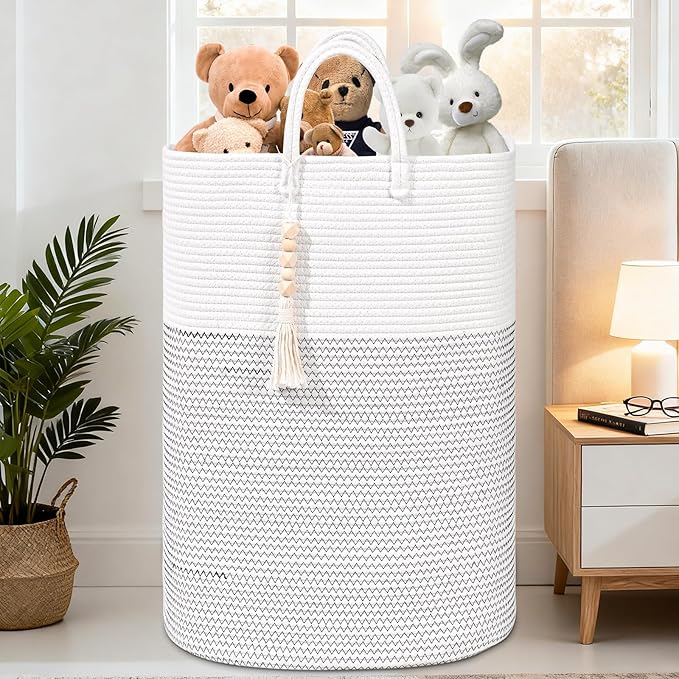 Woven Laundry Basket for Clothes, 80L Large Rectangle Laundry Hampers with Beads Tassel, Nursery Storage Basket for Toys, Tall Dirty Clothes Hamper for Bedroom Aesthetic, Laundry Room Organization