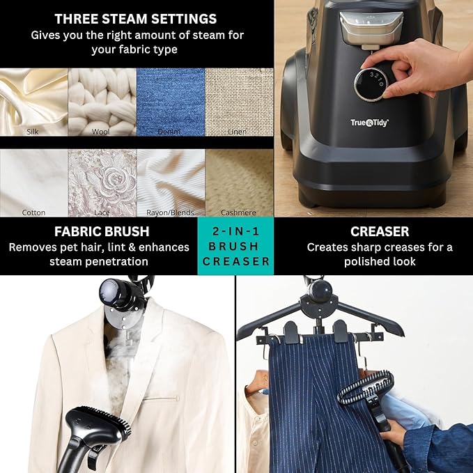 True & Tidy® Heavy-Duty Commercial Industrial Standing Garment Steamer for Clothes, 1800 watts, XL 3L water tank 90+ mins of Steam 3 Steam Settings, Step On/Off Control, Wheels for Easy Movement