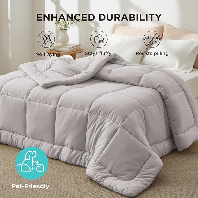 Bedsure Comforter Duvet Insert - Quilted Comforters Full Size, All Season Duvet, GentleSoft Down Alternative Bedding, with 8 Tabs, Gifts for Women/Men, Light Grey, Full 86 x 82 Inches
