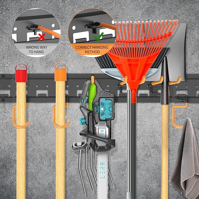 Garden Tool Organizer Wall Mount - Garage Storage and Organization Yard Tool Hanger with Adjustable Pegboard Hooks Shed Rack for Broom Mop Shovel Rake Trimmers, 48 inch Max 550lbs, Black