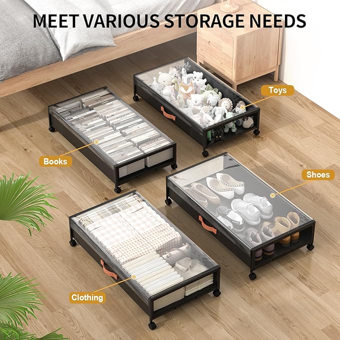 Under Bed Storage with Wheels, XXL Larger Under Bed Storage Containers with Clear Lids, 31'' Lengthen Under Bed Shoe Organizer for Shoes Clothes(Black 2 Pack, XXL(31"x16.6"x7.48"))