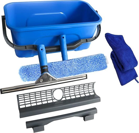 Squeegee with Shelf Storage for Window Cleaning,Window Cleaning Squeegee kit with Bucket&Microfiber Scrubber,Bathroom,Shower Doors,Mirrors,Tiles,and Car Windows Blue