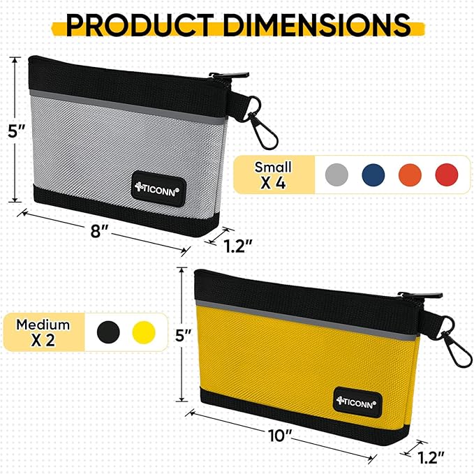 TICONN Tool Pouches with Zipper, 1680D Oxford Small Tool Bags, Waterproof Utility Bag Zipper Pouch for Tool Organizers and Storage (6 Pack Combo)