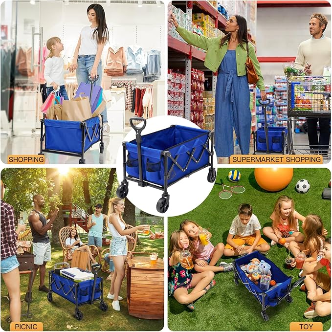 Wagon Cart Shopping Foldable Folding Collapsible with Wheels Big On Beach Garden Outdoor Grocery Heavy Duty Utility All Terrain Portable Wagons Carts for Groceries Sand Camping Sports Blue