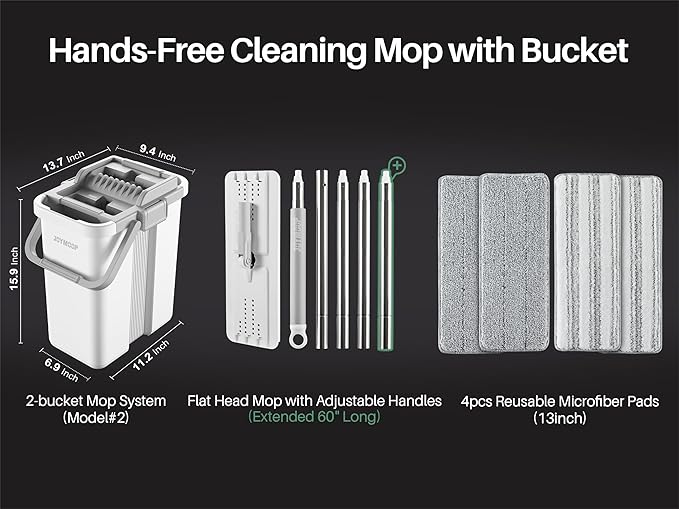 JOYMOOP Mop and Bucket with Wringer Set, Flat Squeeze Mop Flat Head, Dust Mops for Wall Cleaner with Long Handle, Hands-Free Microfiber Mops for Floor Cleaning - White