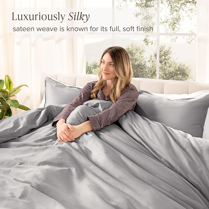 Bare Home 100% Organic Cotton Sateen Duvet Cover Set - Extra Long Size - 400 Thread Count - Smooth Sateen Weave - Warm & Luxurious - Duvet Cover (Twin/Twin XL, Light Grey)
