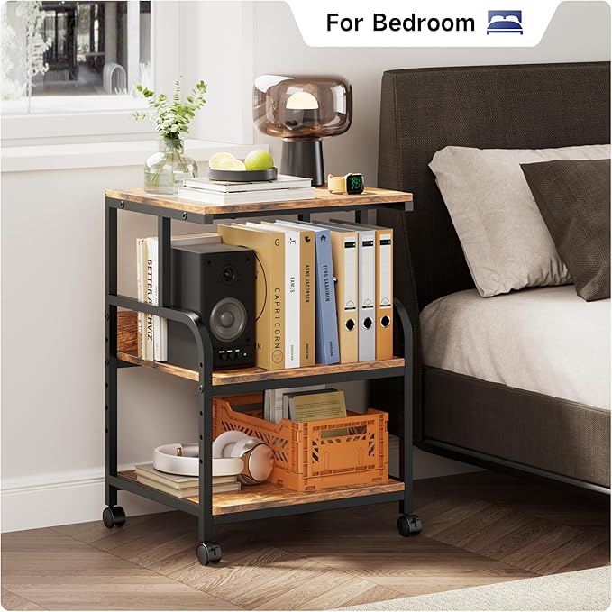 Warmiehomy Printer Stand, 20×16×28'' Printer Table with Wheels, 3 Tier Rolling Cart with Adjustable Storage Shelf, Space Saving 3D Desk for Home Office, Mini Fridge & Heat Press Stand, Rustic Brown