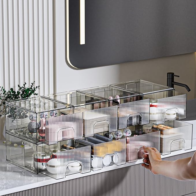 ZJIAI 8 Pack Clear Stackable Storage Drawer, Acrylic Drawer, Cosmetic Organizer, Plastic Organizer for Dresser, Under, Kitchen Cabinet, Pantry, Home Organization and Storage