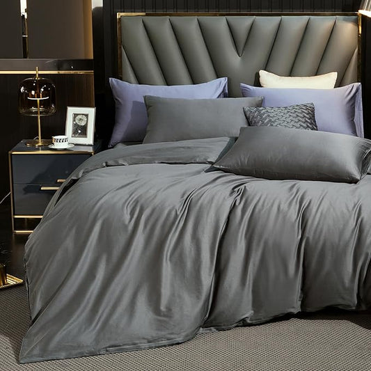 MooMee Duvet Cover Set 100% Extra Long Staple Cotton 600 Thread Count Silky Sateen Smooth Luxury Soft Breathable Durable Hotel Quality Bedding, 3 Pieces (Dark Gray, Full 80"x90")