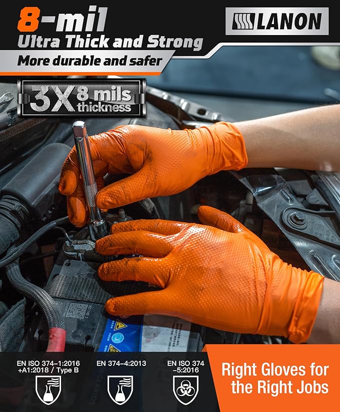LANON 8mil Orange Disposable Nitrile Gloves, Mechanic, Heavy Duty, Food Safe, Latex Free, Powder Free, Fully-Diamond Textured, Small