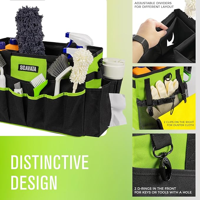 Wearable Cleaning Caddy Bag, Cleaning Caddy Supplies Organizer with Handle & Shoulder Straps for Housekeepers, Under Sink & Car Cleaning Tool Organizers with 4 Foldable Divider (NeonGreen)