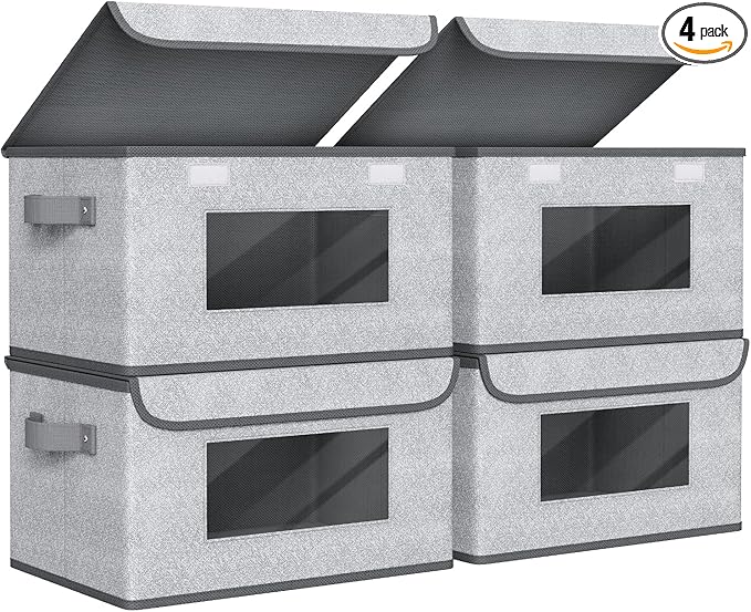 Univivi [4-Pack Fabric Storage Boxes Collapsible Storage Bins with Lids and Handles Cube Organizer Basket for Home, Closet, Bedroom (Gray, 14.4''x10''x8.3'')