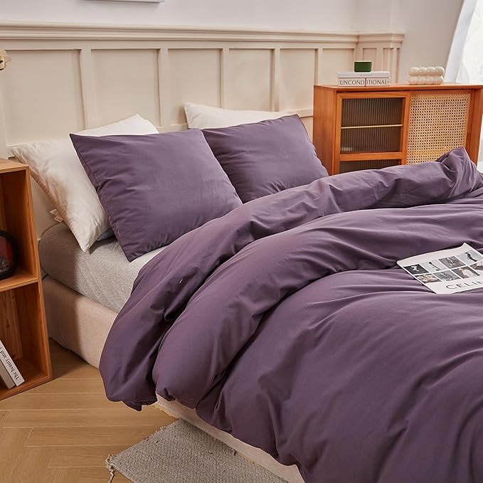 ECOCOTT Duvet Cover Set, 100% Washed Cotton Linen-Like Textured Soft & Breathable, Durable Comfy Bedding Set for All Seasons Oversized Queen Size, Lilac Purple