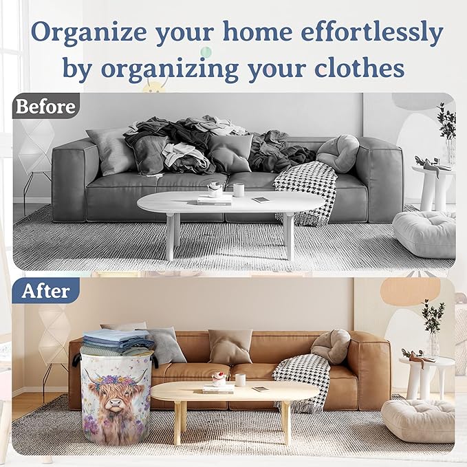 Highland Cow Laundry Basket,Foldable Oxford Cloth Flower Funny Laundry Hamper with Handles, 20.8"x16" Tote Bag Clothes Storage Bucket for Laundry Room/Bathroom/Bedroom/Dormitories