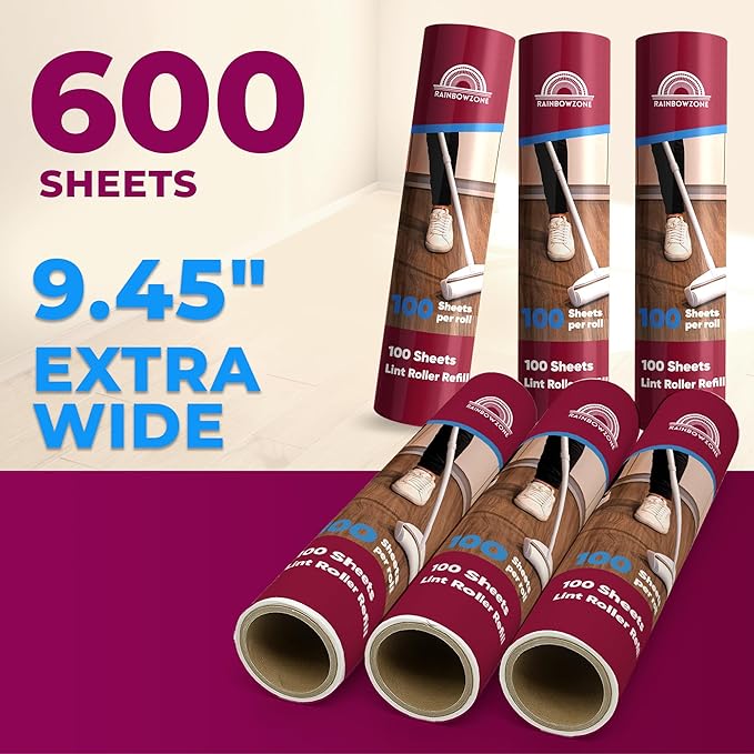 RainbowZone 6 Rolls of 9.5'' Extra Wide Large Lint Roller Refills. Total 600 Extra Sticky Adhesive Peel Sheets (100 Sheet per roll) for Pet Hair Removal & Household Cleaning (6 Refills)