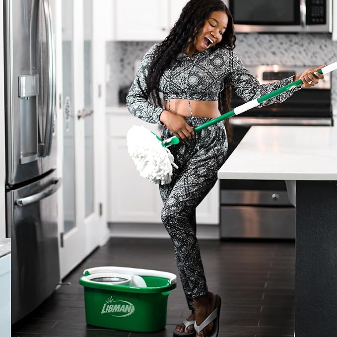 Libman Tornado Spin Mop System and 1 Refill, Mop and Bucket with Wringer Set for Hardwood Floor Cleaning, 2 Total Heads Included