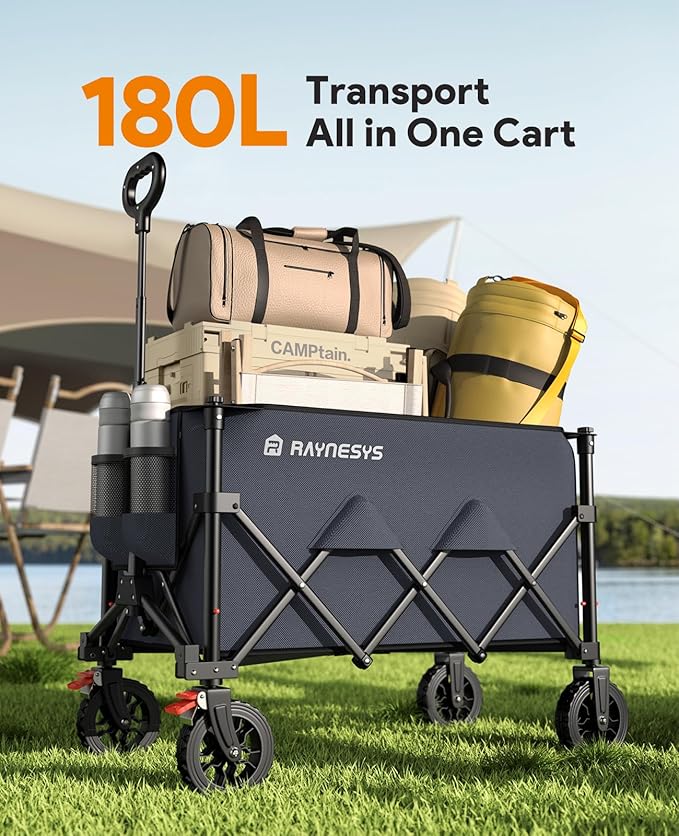 Wagons Carts Foldable, Collapsible Foldable Wagon 330lbs Capacity, 180L Large Capacity Wagon with All-Terrain Wheels,Heavy Duty Utility Wagon Cart with Brakes for Beach Camping Shopping, Grey