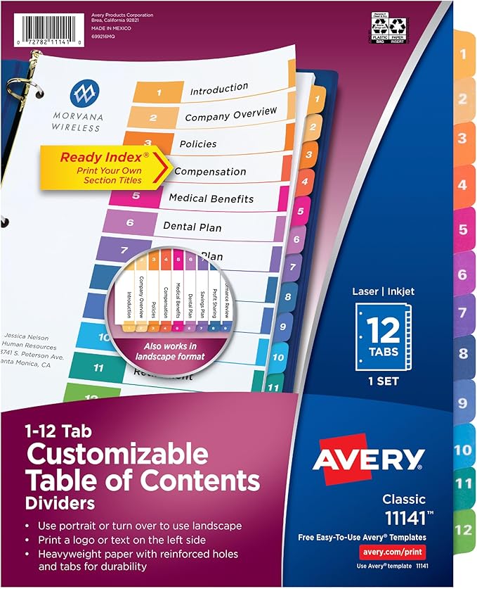 Avery Dividers for 3 Ring Binders, 12 Tabs per Set, Customizable Table of Contents, Multicolor Tabs, Great for Organizing Reports, Projects, and More (11141)