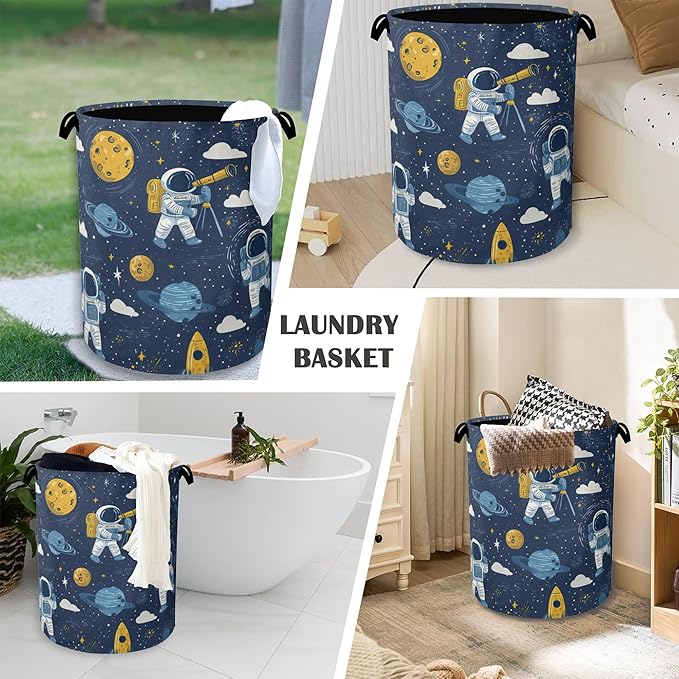 Astronaut Laundry Basket,Rocket Planet Foldable with Handles Tote Bag Oxford Cloth for Bathroom Bedroom Dirty Clothes Storage Bucket 16" x 20.8"