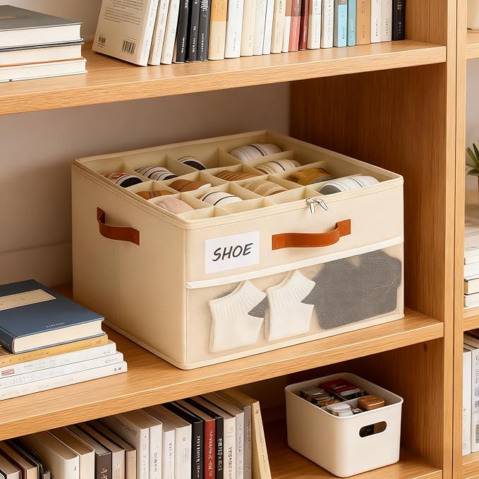 Shoe Organizer for Closet, Shoe Storage Box, Foldable Shoe Box with Adjustable Dividers and Clear Cover, Closet Shoe Organizer Fits up to 16-32 Pairs, Extra Storage Pocket for Socks (2 Pack)