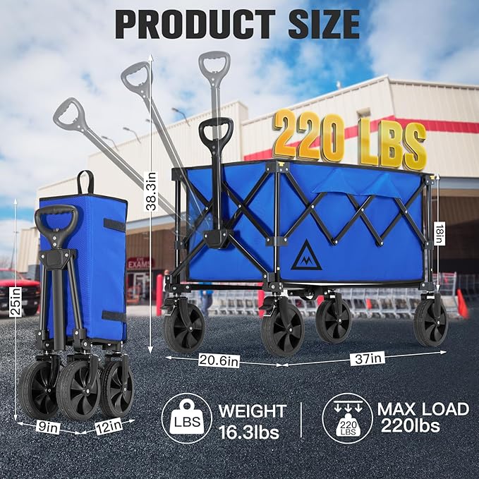 Wagon Cart Shopping Foldable Folding Collapsible with Wheels Big On Beach Garden Outdoor Grocery Heavy Duty Utility All Terrain Portable Wagons Carts for Groceries Sand Camping Sports Blue