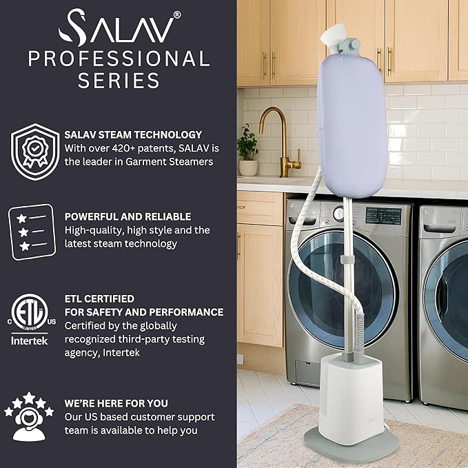 SALAV Standing Garment Steamer with Smart Auto-Off, Adjustable XL Comfort Board, 6 Steam Setting LED Display for Various Fabrics, Perfect for Families (Gray, Complete)