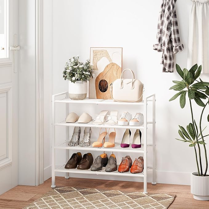 4-Tier Shoe Rack,Metal White Shoe Storage Organizer Shelf for Closet,Entryway,Hallway,Dorm (White, 4 Tier)