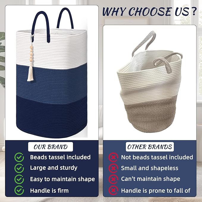 Woven Laundry Basket for Clothes,65 L Large Rectangle Laundry Hampers with Beads Tassel, Nursery Storage Basket for Toys, Tall Dirty Clothes Hamper for Bedroom Aesthetic, Laundry Room Organization