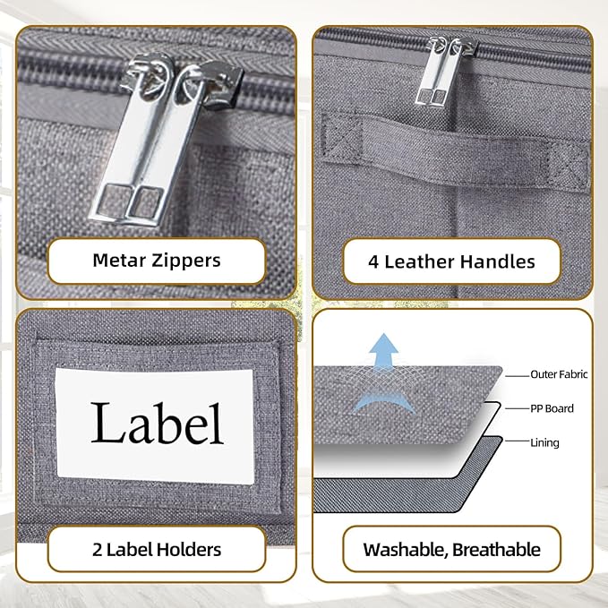 Yawinhe Foldable Underbed Storage Bags, Containers Bin with Lids, Large Under Bed Organizer Box, with Sturdy Zipper und Label Holders, for Clothing, 31.5''Lx15.7''Wx6''H, 4 Pack, Grey