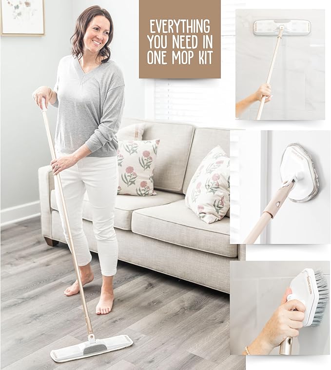 Quick Shine Ultimate Gold Clean + Polish Mop Kit | All-in-One 11 Pc Kit w/Interchangeable Attachments | Cleaner & Polish Included | No Batteries Needed | All Floors Pro Cleaning System | 2-in-1 Mop