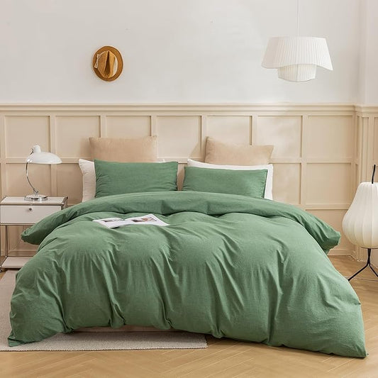 ECOCOTT Sage Green Duvet Cover Full Size, 100% Washed Cotton 3-Piece Bedding Set - Ultra Soft, Breathable & Easy Care with Zipper Closure and 2 Pillowcases (No Comforter)