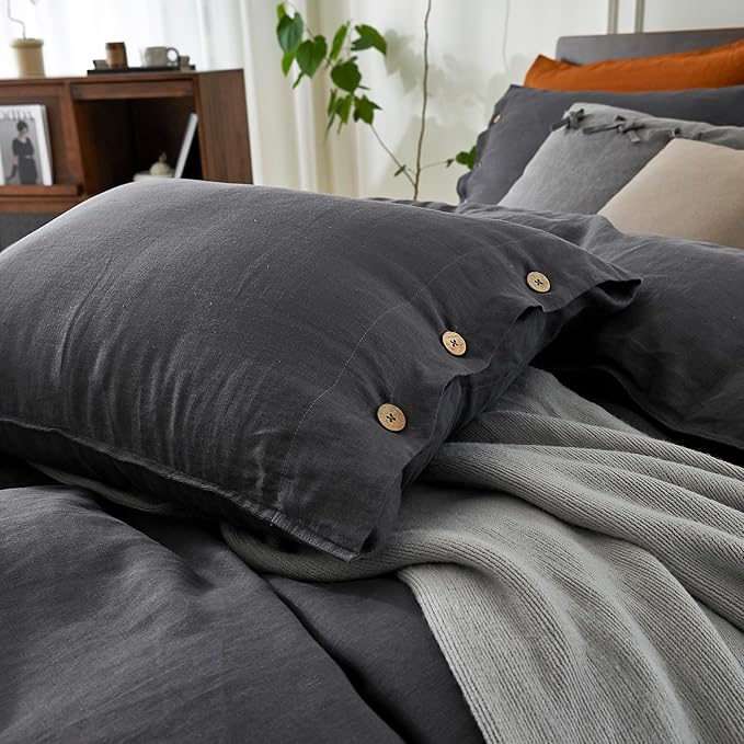 EVERLY100% Pure Linen Duvet Cover Set King Size 104X90Inch 3pcs (1 Duvet Cover,2 Pillowcases) Soft and Breathable for All Season with Coconut Button Closure, Suitable for Hot Sleepers-Dark Grey-King